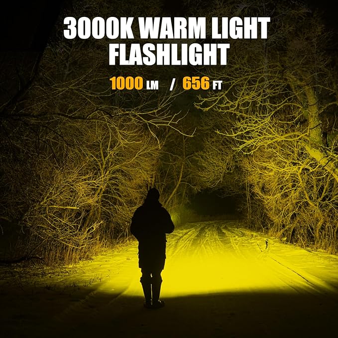 ULTRAFIRE 1000 Lumen Single-Mode Warm Light Flashlight - Bright 3000K Amber Light Flashlight, Designed for Camping Night Vision, Haze Conditions Yellow LED Flashlight T1 Ultra-Y