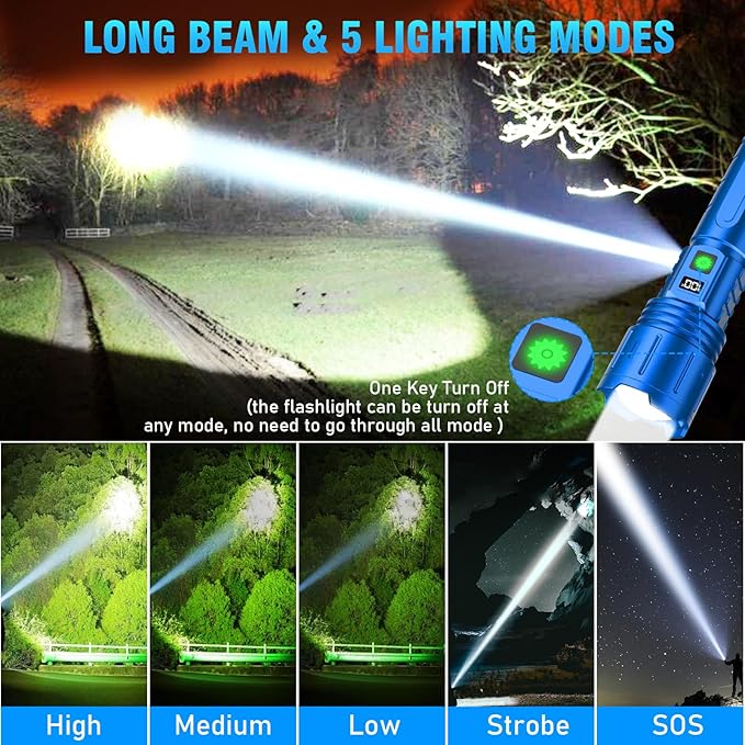 Flashlights High Lumens Rechargeable - 1500 Meters Long Beam Super Bright LED Flash Light with Power Display & IPX5 Waterproof for Camping, 20H Runtime,5 Modes,Zoomable Handheld Flashlight-Blue