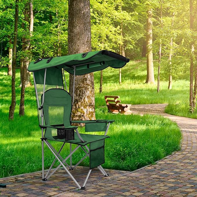 BDL Camping Chair with Canopy Shade Portable Folding Beach Chairs with Cooler, Mesh Backrest, Cup Holder, and Pocket for Camping, Fishing, Beach, and Sports,Green