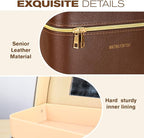 Luxury brown makeup box, Portable leather hard cosmetic case with mirror, Professional train case make up box for women adults. (Double-layer-Brown)