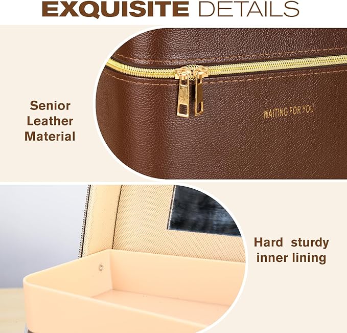 Luxury brown makeup box, Portable leather hard cosmetic case with mirror, Professional train case make up box for women adults. (Double-layer-Brown)