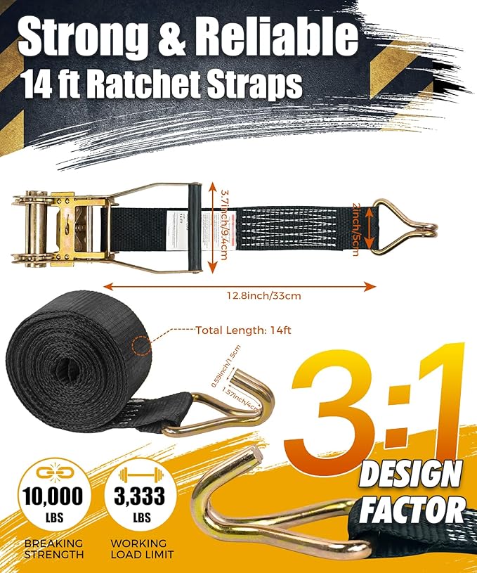 6 Pack 2" x 15ft Ratchet Straps Heavy Duty Tie Down Straps with J Hooks, 2000 LBS Working Load, 6000 LBS Break Strength Cargo Straps for Truck, Trailer, Motorcycle, Moving, Black
