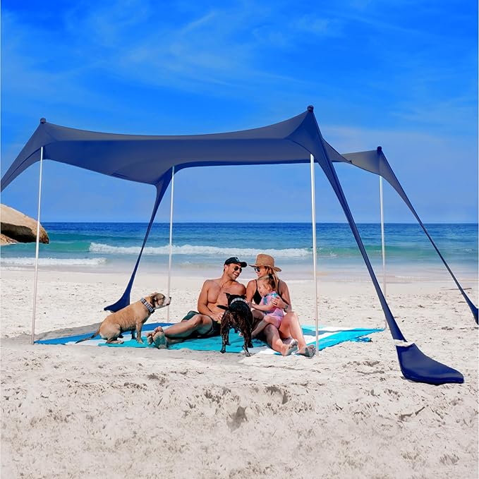 SUN NINJA Beach Tent Sun Shelter UPF50+ - Easy Pop Up Beach Canopy - Outdoor Shade for Camping Trips, Fishing, Backyard Fun Picnics - Sand Shovel, Ground Pegs & Stability Poles