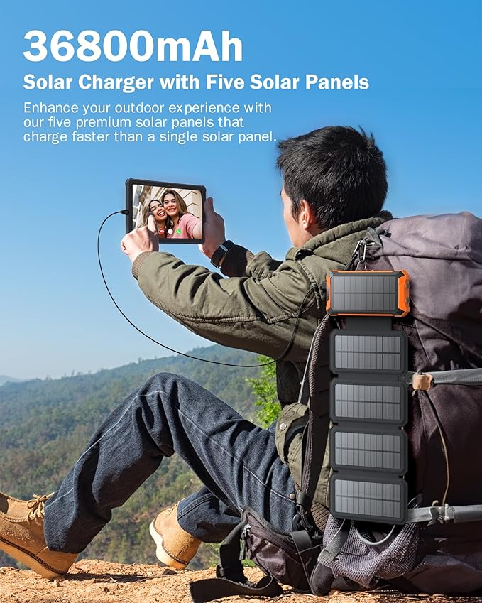 GOODaaa Power Bank Wireless Charger 36800mAh Solar Charger with Five Solar Panels Built-in Four Cable Five Outputs Portable Power Bank for Cell Phone with Dual Flashlights, Carabiner
