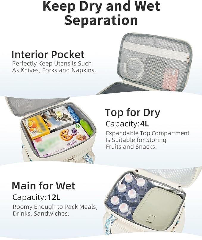 Double Deck Lunch Box for Women, Expandable Insulated Large Lunch Bag Women Leakproof Lightweight Lunch Cooler Bag Durable Lunchbox for Work Outdoor Travel, Beige