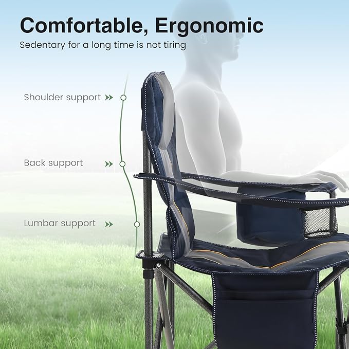 HIGH POINT SPORTS Oversized Portable Folding Camping Chair, Blue, 450 LBS Support, Sports Lawn Chair with Cup Holder and Cooler Bag