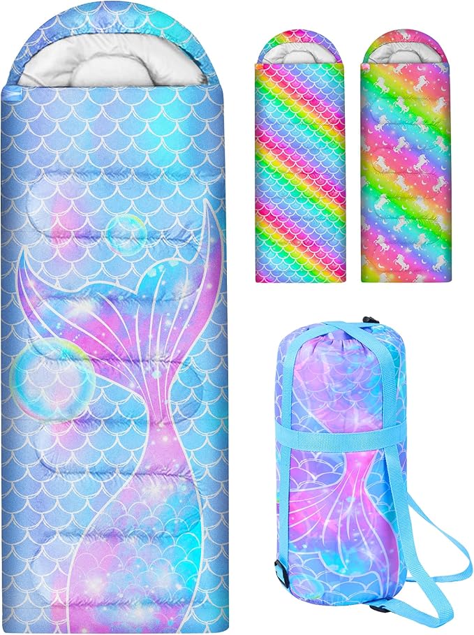 Kids Sleeping Bag for Kids Girls, 3 Season Warm Cool Weather Waterproof Lightweight Camping Sleeping Bag with Carry Bag for Indoor Outdoor Camping Hiking Traveling