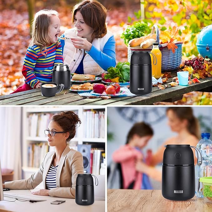 MAXSO Soup Thermo for Hot & Cold Food for Adults Kids, 17 oz Vacuum Insulated Steel Lunch Container Bento Box with Spoon, Leakproof Thermal Food Jar for School Office Travel - Black