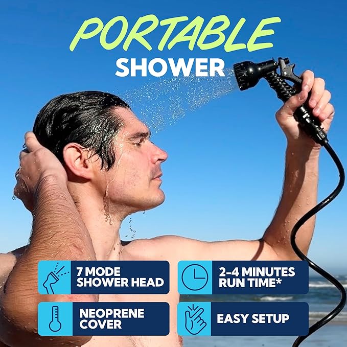 SUN NINJA Portable Shower, Camping Shower with 7 Mode Shower Head, Neoprene Cover Helps Keep Water Warm, High Pressure Hose, Easy to Carry