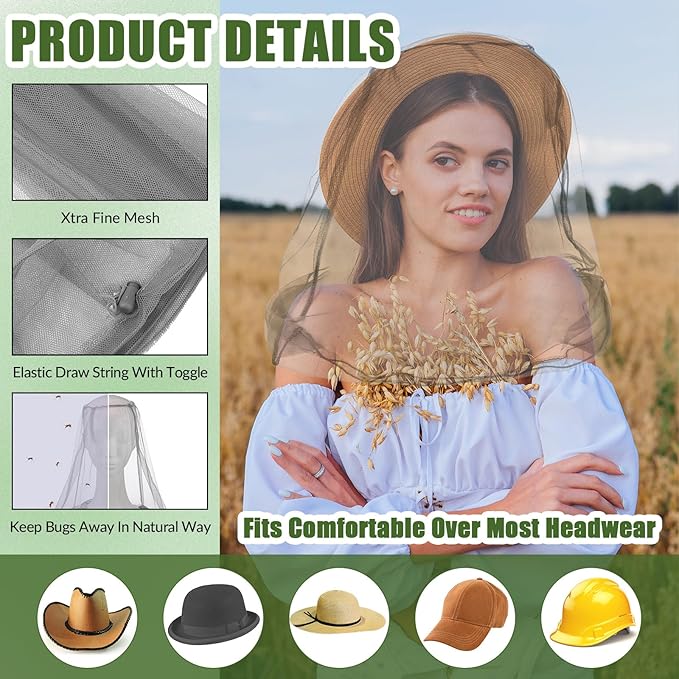 HESTYA 4 Pack Mosquito Bug Net Mesh for Head Mosquito Head Net Face Neck Fly Netting Hood from Insect Bugs Gnats for Outdoor