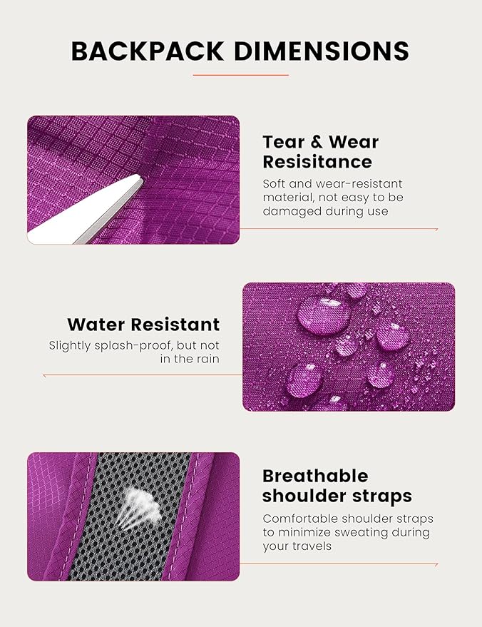 SKYSPER 15L Lightweight Small Hiking Backpack for Women Men, Foldable Travel Daypack, Packable Camping Backpack Mini Outdoor Hiking Bag (Purple)