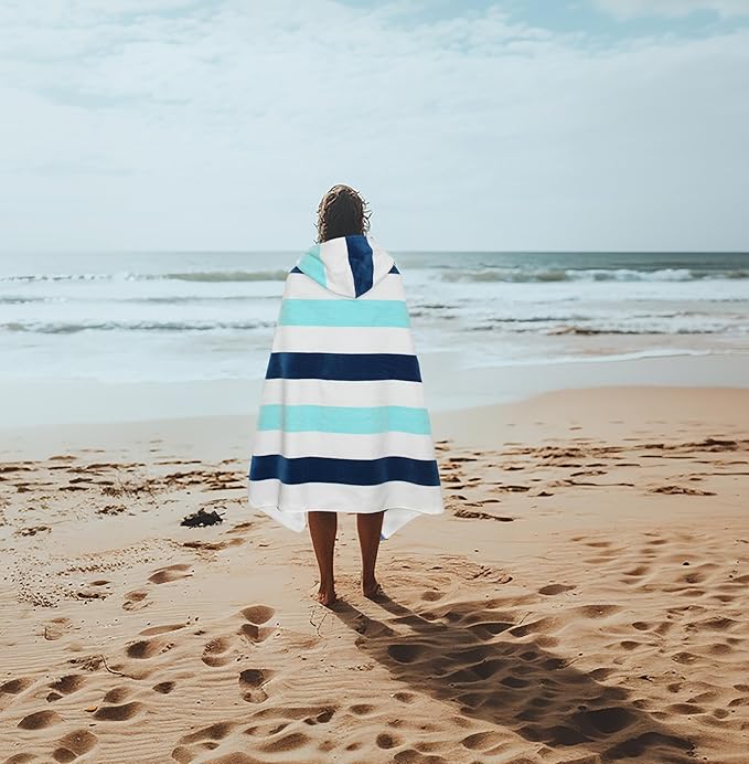 COTTON CRAFT Hooded Beach Towel – Oversized 39 x 68 Towel with Hood for Adults - 100% Ringspun Cotton Velour Terry Towel - 450 GSM - Super Soft Plush Absorbent Quick Dry Bath Wrap – Cabana Stripe Blue