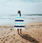 COTTON CRAFT Hooded Beach Towel – Oversized 35 x 70 Towel with Hood for Adults - 100% Cotton Velour Terry Towel - Pool Bath Wrap - Super Soft Plush Absorbent Quick Dry – 630 GSM – Cabana Stripe Blue