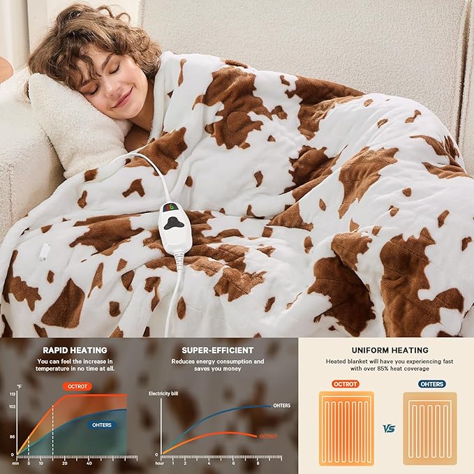 Cow Print Electric Heated Blanket Queen Size,84X90 Brown Heating Blanket Queen With Dual Control&Timer&10 Heat Levels,Highland Cow Decor Fleece Sherpa Blankets Warmer Gifts for Bed Women Adults,ETL
