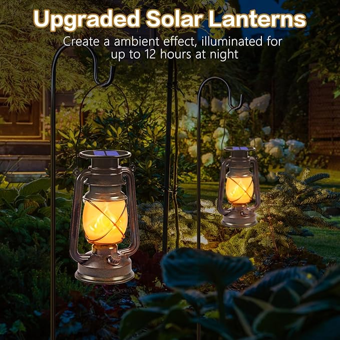 Solar Lanterns Outdoor Waterproof,2 Pack Bronze Vintage Lanterns with Dancing Flame Led Hanging Lights Decor,Lamps for Porch Garden Yard Pathway Camping