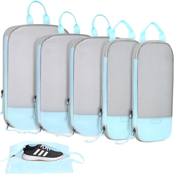 Voova 6 Set Compression Packing Cubes, Travel Accessories Expandable Packing Organizer Bags Set for Carry on Suitcase, Durable Luggage Packing Cubes for Travel Essentials, Blue