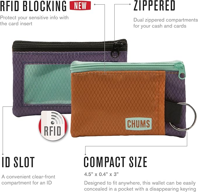 Chums Surfshorts Wallet - Lightweight Slim Wallet with RFID Blocking Card & Clear ID Window - Zippered, Water Resistant w/Key Ring (Pink/Blue Swirl)