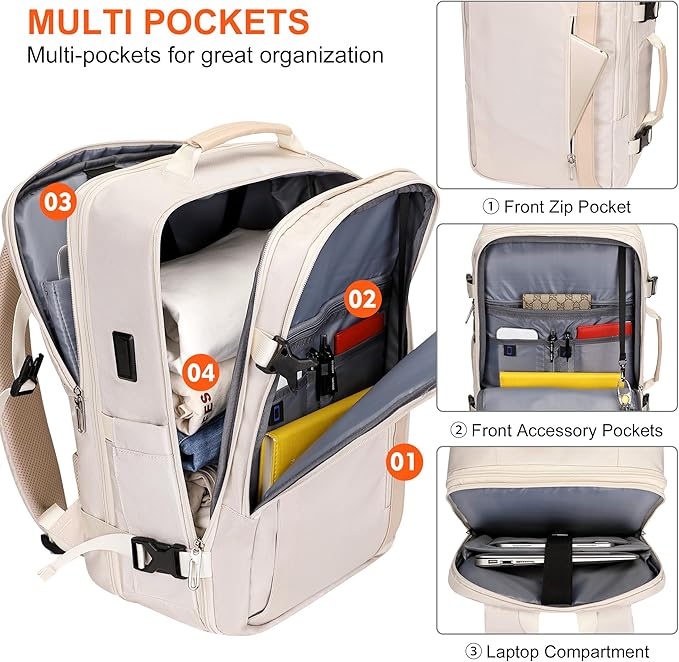 PIJUSHI Travel Backpack for Women Expandable Carry on Luggage Backpack Airline Approved Personal Item Laptop Bag(PE034 Beige)