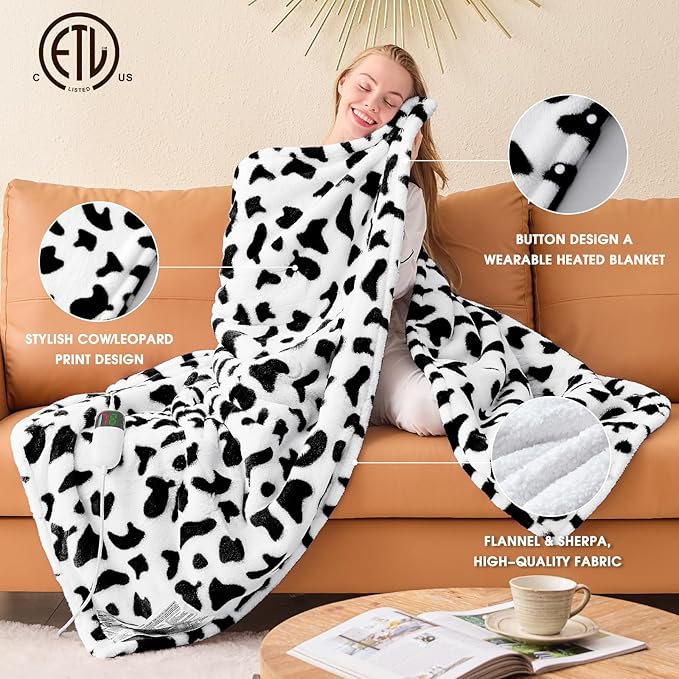Cow Print Heated Electric Blanket Throw,50X60 Black Heating Blanket with 10 Heats Levels & 8 Hours Auto Off,Cute Cow Decor Stuff Soft Fleece Sherpa Blankets Warmer Gifts for Women Washable,ETL