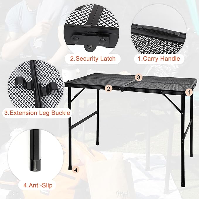 Camping Table with Mesh Desktop, Lightweight & Portable Folding Grill Table, Height Adjustable Metal Outdoor Table for Camp, Cooking, BBQ, RV, Picnic-3 FT Black