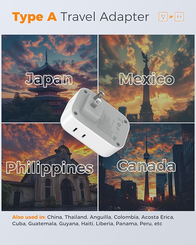TESSAN US to Japan Plug Adapter 2 Pack,2 Prong to 3 Prong Outlet Adapter with 4 Outlets and 3 USB (2 USB-C), Power Adaptor US to Japan China Mexico Philippines Canada Peru Thailand Vietnam