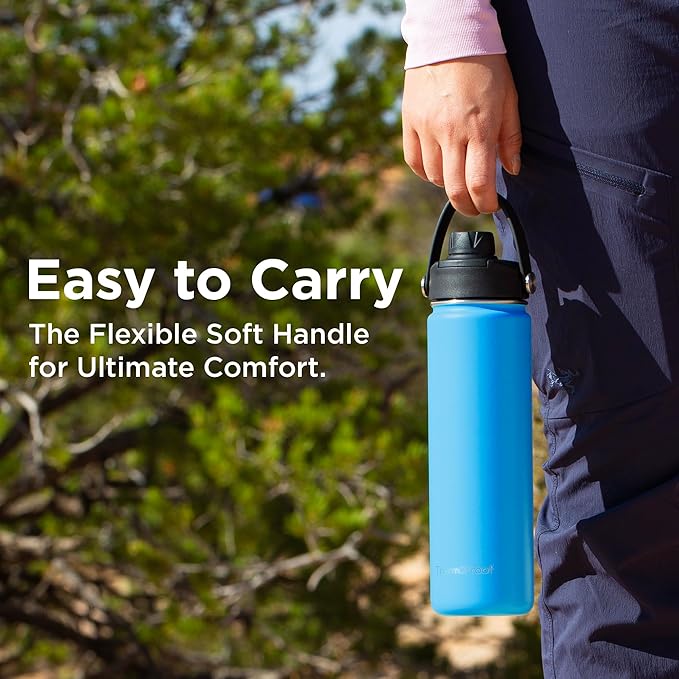 ThermoProof Double-Walled Vacuum Insulated Stainless Steel Water Bottle - Wide Mouth with Chug & Spout Lids, Dishwasher Safe, Reusable, Leakproof, Hot & Cold for Men, Women & Kids - 22oz, Light Blue