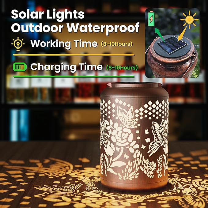 Waterproof Solar Lanterns - Butterfly & Rose Outdoor Lantern Gifts for Women Decorative Hanging LED Lights for Garden, Patio, Yard, Tabletop Auto On/Off Energy Efficient Warm Glow
