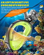 QingSong Full Face Snorkel Mask for Adults, Snorkeling Gear with Camera Mount, 180 Degree Panoramic View Snorkel Set Anti-Fog Anti-Leak