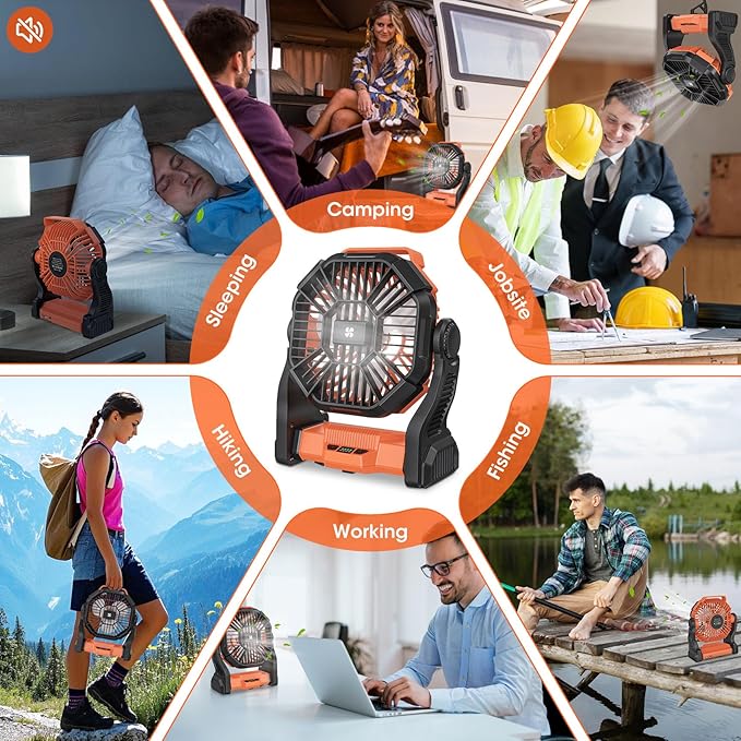 Deller 20400mAh Portable Rechargeable Fan, Tent Fan for Camping with LED Light & Hook, Battery Powered Fans for Beach Travel Treadmill Camping Gear