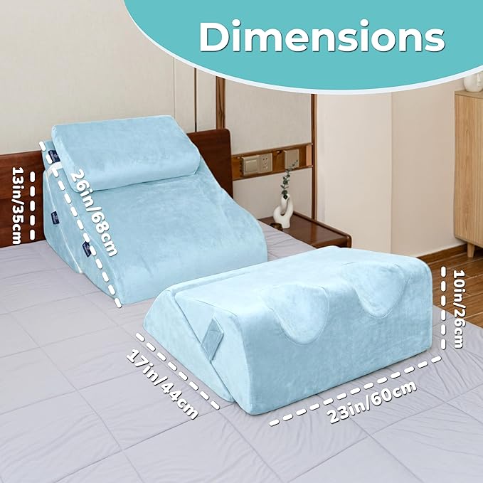 6pc Adjustable Orthopedic Wedge Pillow Set – Relieve Acid Reflux, Snoring, Back Pain & Post-Surgery Discomfort (Light Blue)