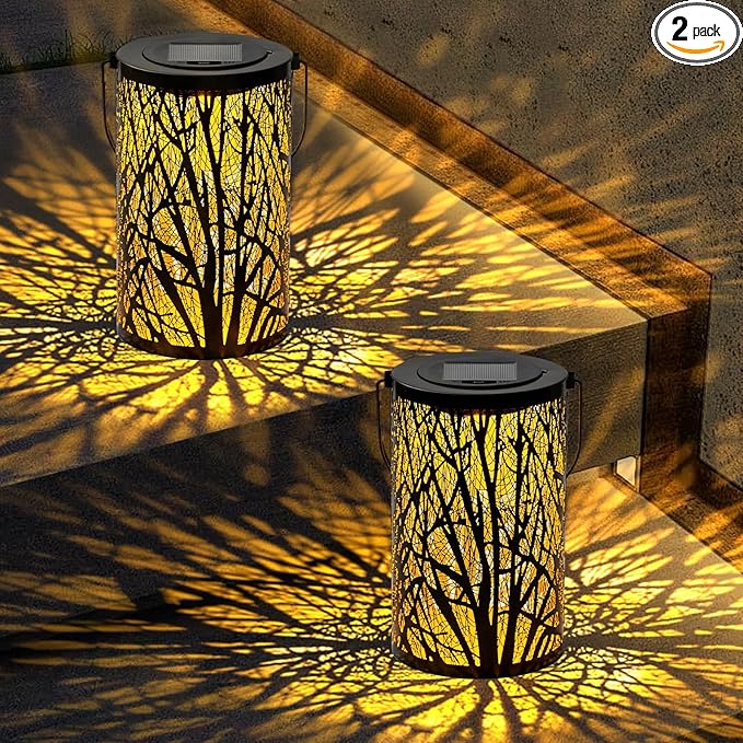 Large Solar Lanterns Outdoor Waterproof, 2 Pack Hanging Solar Lanterns, LED Tree Outdoor Lantern for Metal, Waterproof Lantern for Patio Porch Pathway Garden Decor