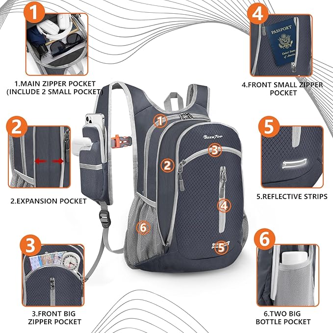 Seektop Small Hiking Backpack 12L to 15L Expandable Travel Packable Waterproof Daypack Lightweight Hiking Bag for Women Men