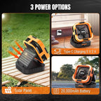 Raddy CF3 Solar Camping Fan Rechargeable, 20,000mAh Portable Fan Battery-Powered with 3W Solar Panel, USB Charging, LED Light, 6 Speeds, Oscillating for Outdoor Tent Travel Emergency