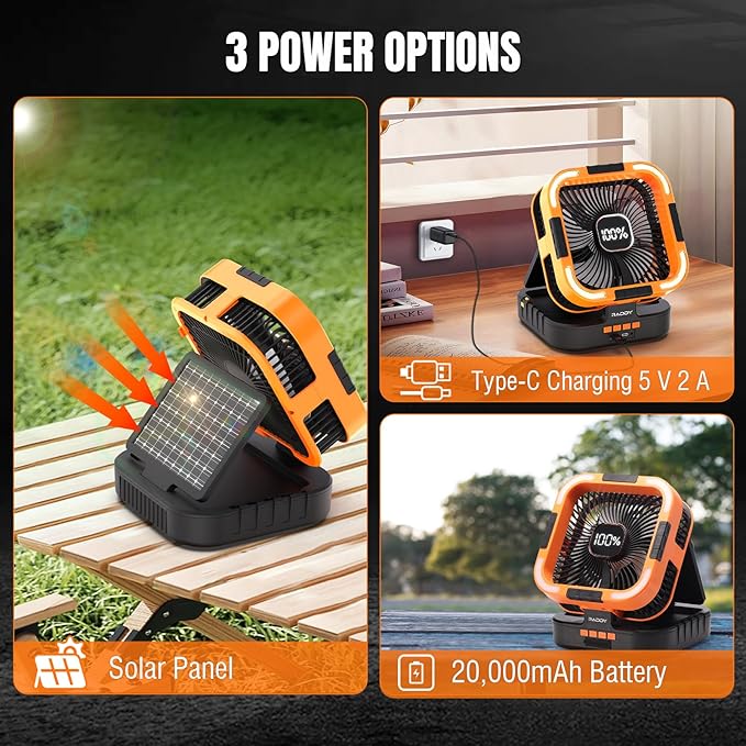 Raddy CF3 Solar Camping Fan Rechargeable, 20,000mAh Portable Fan Battery-Powered with 3W Solar Panel, USB Charging, LED Light, 6 Speeds, Oscillating for Outdoor Tent Travel Emergency