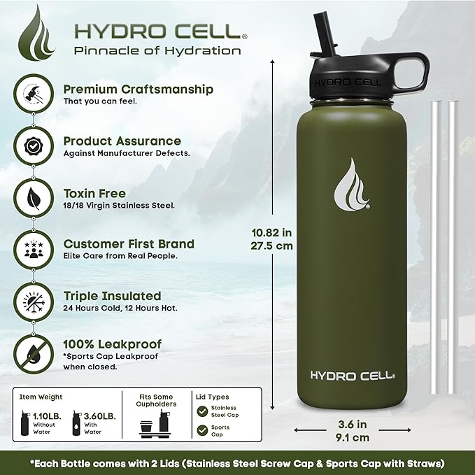 HYDRO CELL Stainless Steel Insulated Water Bottle with Straw - For Cold & Hot Drinks - Metal Vacuum Flask with Screw Cap and Modern Leakproof Sport Thermos for Adults (Army 40oz)