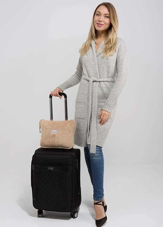 BlueHills Premium Soft Plush Travel Blanket Value Pack Set of 2 - Airplane Travel Essential Flight Blanket Throw in a case Compact Car Plane Travel Gift – Beige and Royal Blue.