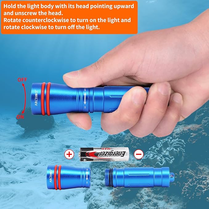 ARCHON D2A Small Diving Flashlight, Dive Headlamp Waterproof Flashlight Blue Backup Light with Stainless Steel 316 Face Mask Clip for Underwater Lighting