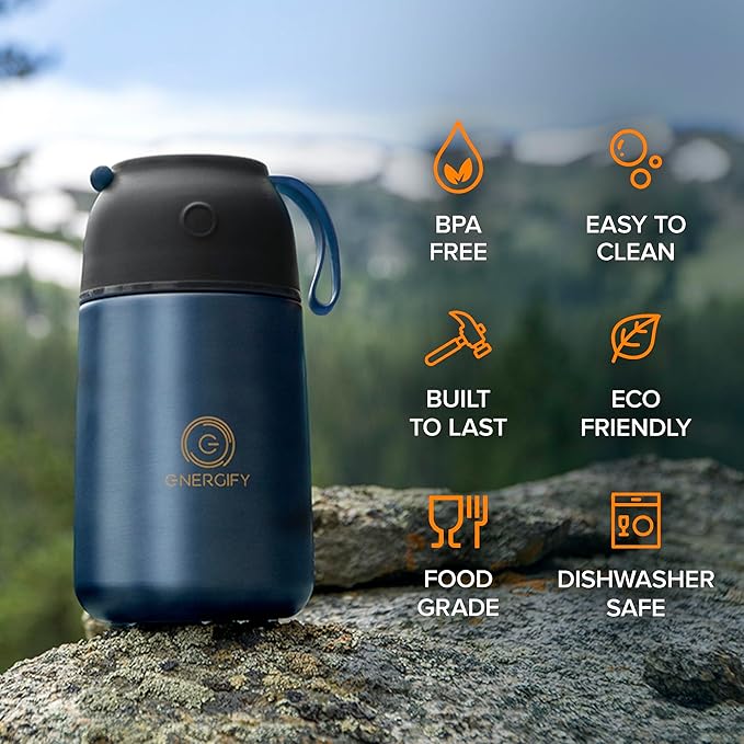 ENERGIFY Vacuum Insulated Food Jar. Large 24oz Bowl incl. Folding Spoon, Cup. Wide Mouth Keep Hot & Cold Drinks Soup Lunch Container for Adults. BPA-Free Stainless Steel, Leak Prooff Velvet blue