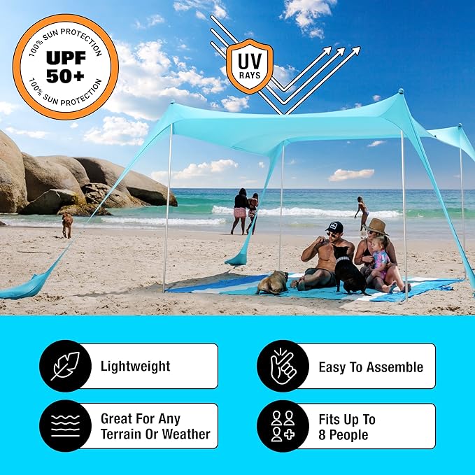 SUN NINJA Beach Tent Sun Shelter UPF50+ - Easy Pop Up Beach Canopy - Outdoor Shade for Camping Trips, Fishing, Backyard Fun Picnics - Sand Shovel, Ground Pegs & Stability Poles