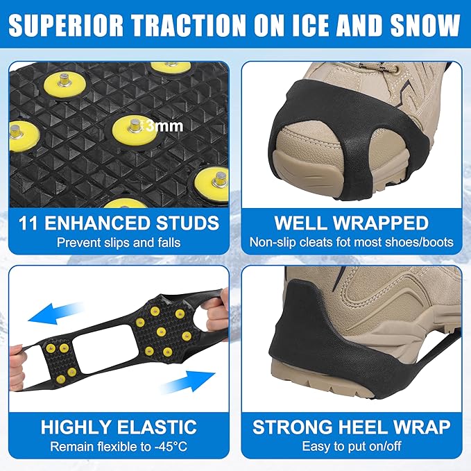Ice Cleats Snow Traction Crampons for Shoes and Boots,11-Stud Ice Cleats Walking Traction Grips Anti-Slip Ice Snow Grippers Over Shoe for Women Men Walking on Snow and Ice