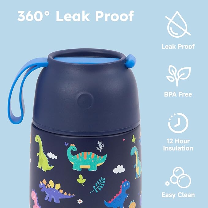 Kids Soup Thermo for Hot Food - 18 oz Wide Mouth Insulated Food Jar with Spoon for Kids| Leakproof Stainless Steel Lunch Thermo Container for Hot Food,School Travel - Easy Carry (Blue Dinosaur)
