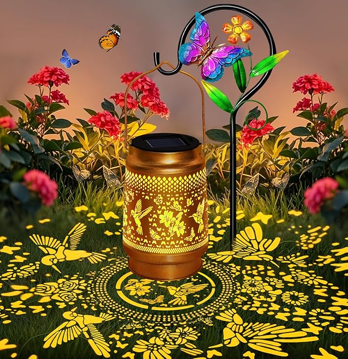 Hummingbird Solar Lantern with Butterfly Shepherd Hook, Mom Gifts for Mothers Day & Birthday, Hummingbird & Butterfly Design, Outdoor Waterproof Metal Decor for Yard, Patio, Porch, Lawn & Tabletop
