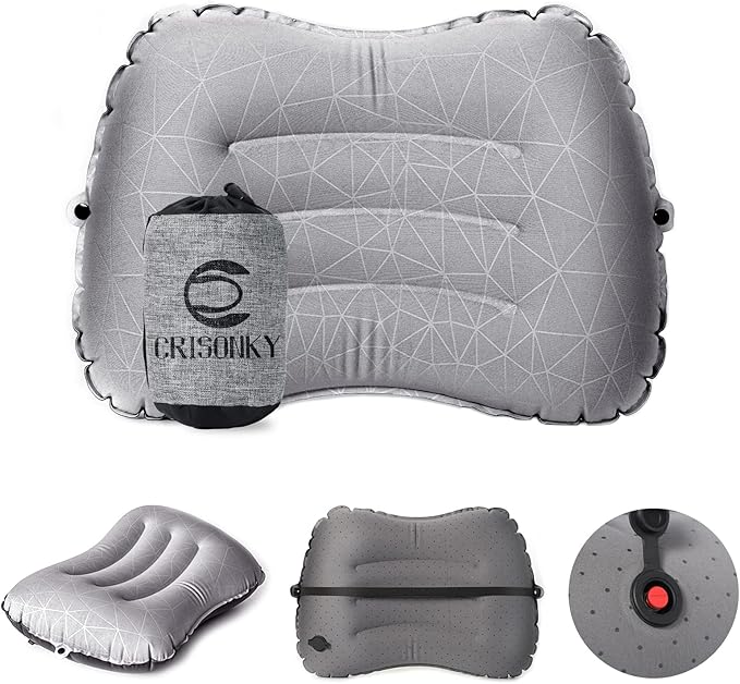 Camping Pillow - Inflatable Pillow - Travel Pillows for Backpacking & Airplane, Lumbar Support 2.0 Blow Up Pillow, Ultralight Compressible, Comfortable, Ergonomic Pillows (Light Grey)