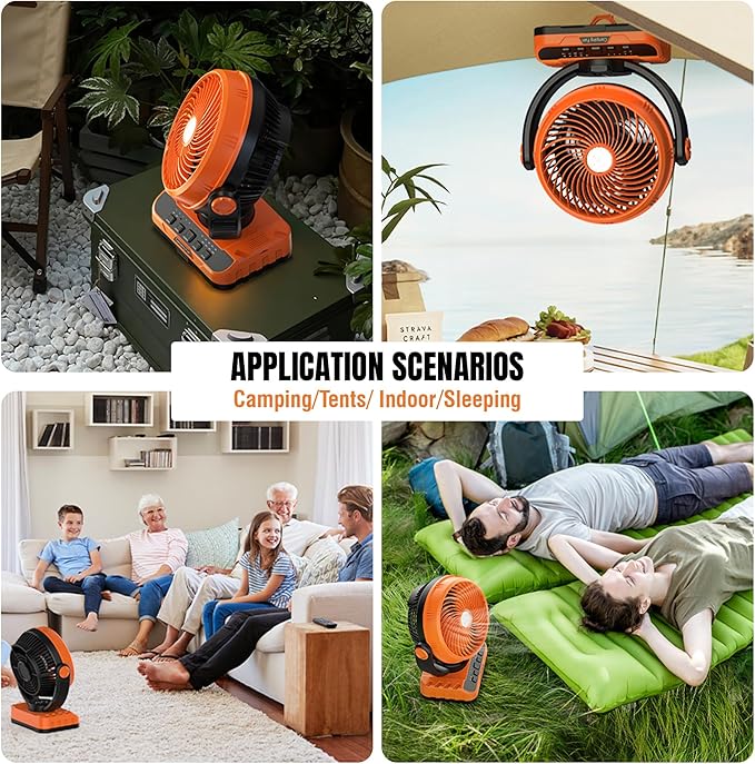 Raddy CF5 Oscillating Camping Fan with Remote, 40,000mAh Rechargeable Battery, Quiet Portable Fan with LED Light, USB-C, 5 Speeds, Hanging Hook for Tent, RV, Outdoor & Emergency Use