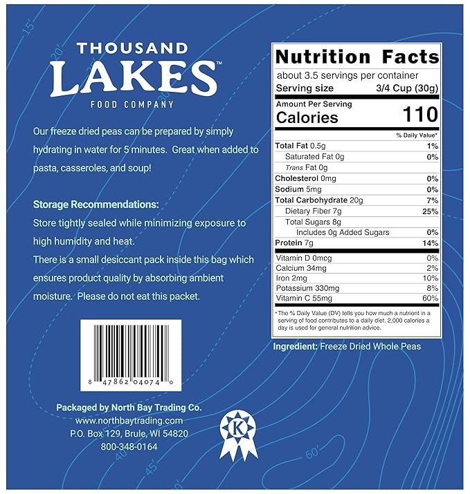 Thousand Lakes Freeze Dried Vegetables - Whole Peas 2-pack 3.5 ounces (7.0 ounces total) | No Salt Added