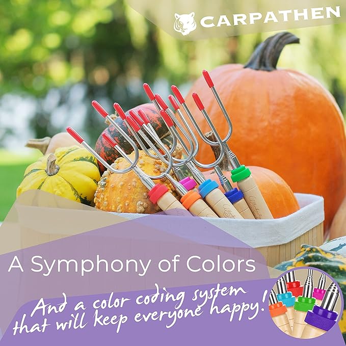 CARPATHEN Marshmallow Roasting Sticks - Set of 6 Premium Rotating Smores Sticks - Extra Long Telescoping Marshmallow Sticks for Fire Pit, Campfire & Bonfire - Camping Accessories