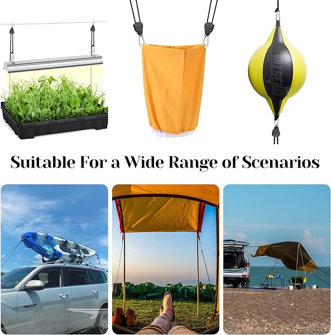 CONBOLA Suction Cups Hooks with 1/8" Adjustable Grow Light Hangers 13 ft with Reinforced Metal,Heavy Duty Ratcheting Pulley System for Camping Gardening and Various Tie-Down Uses.(4-Pack Set)