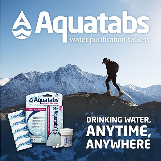Aquatabs 49mg Water Purification Tablets (50 Pack). Water Filtration System for Hiking, Backpacking, Camping, Emergencies, Survival, and Home-Use. Easy to Use Treatment and Disinfection.
