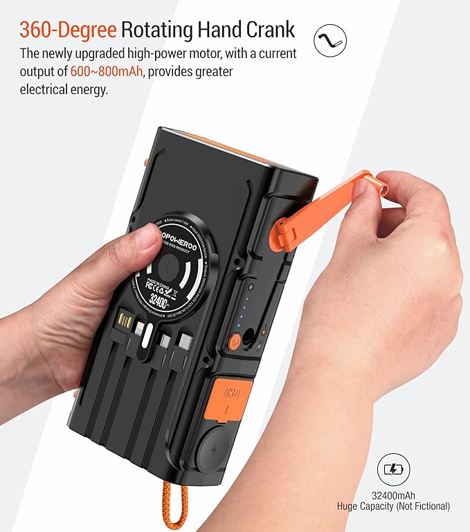 Solar Power Bank Dual Magnetic Wireless Charging, Built-in 2 Retractable Cables & Hand Crank and 22.5W Fast Charge, SOS/Strobe/Strong Flashlights