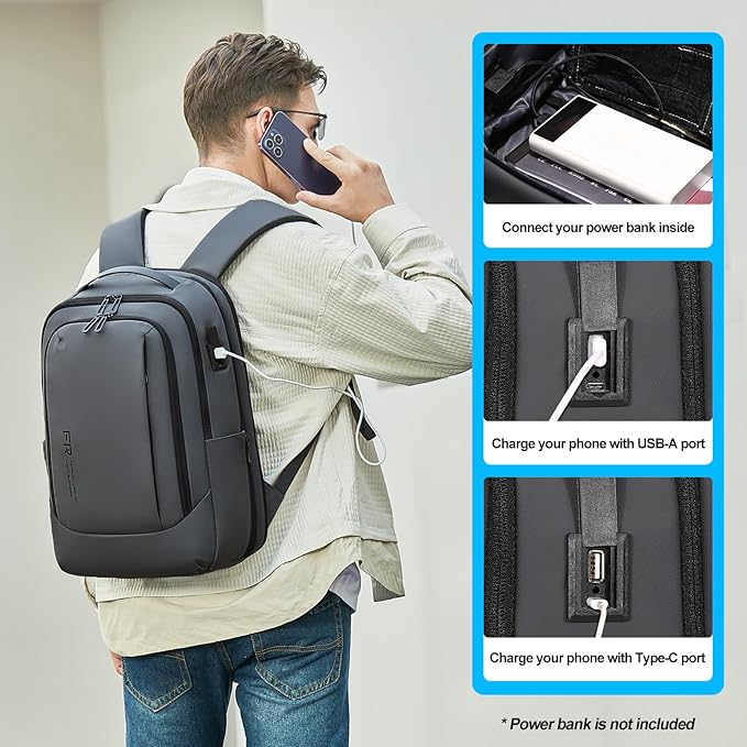FENRUIEN Business Travel Backpack, Expandable Computer Backpack with USB Port, Gray Laptop Backpack 15.6 Inch for College/Work